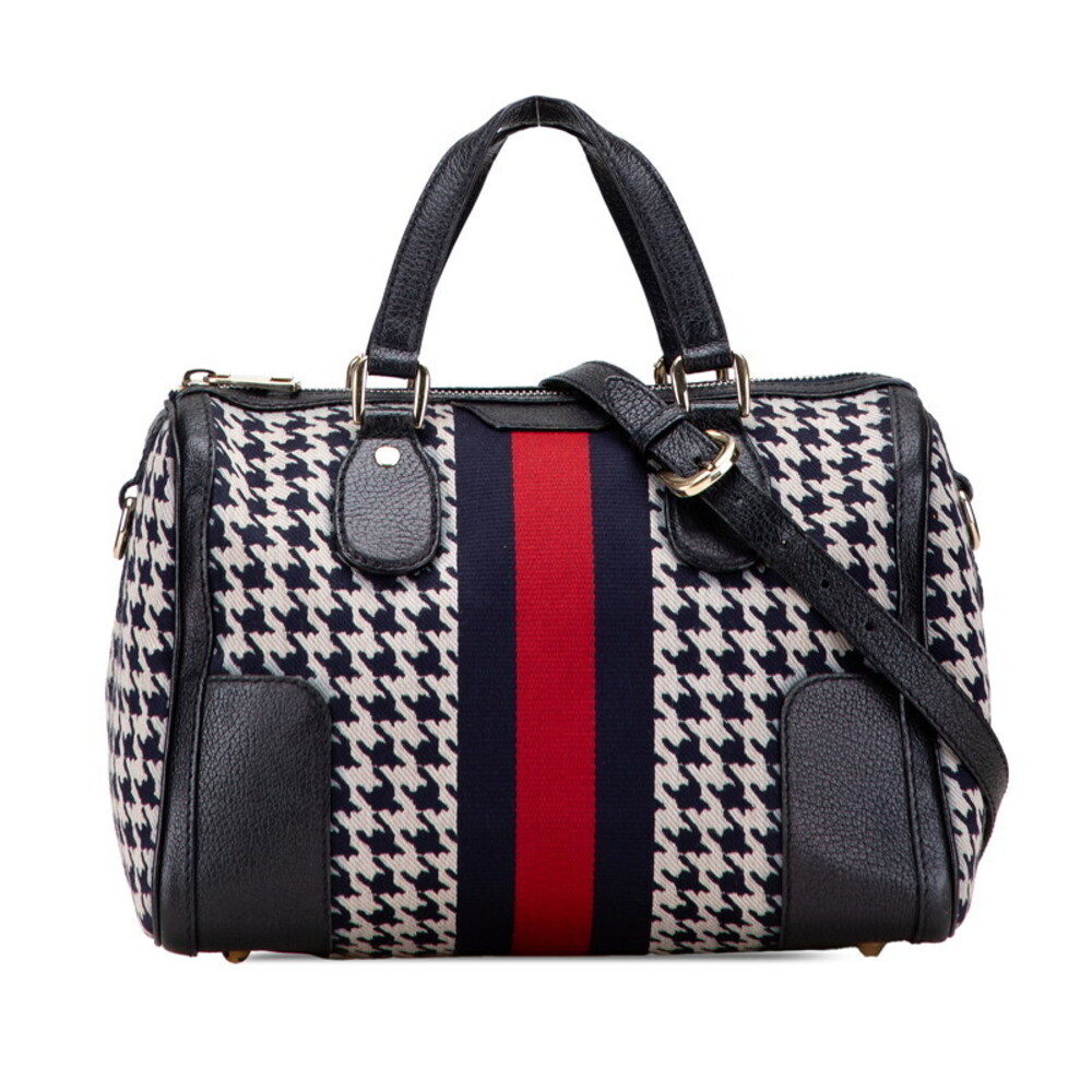 Gucci Black Leather Canvas Blue Shoulder Navy Bag Sherry - Picture 2 of 9